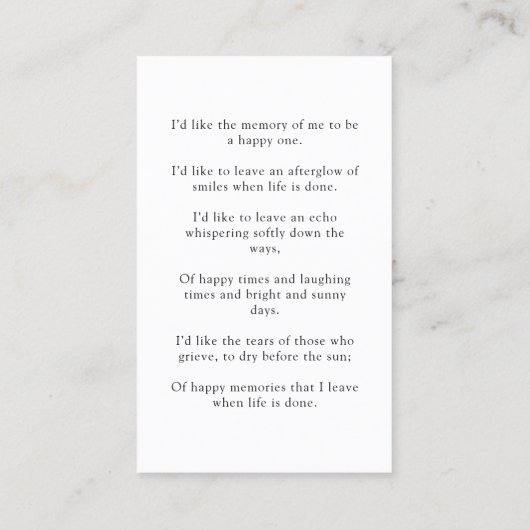 Moderne Foto-Minimalistische Gedenkkarte Visitenkarte (Rückseite)