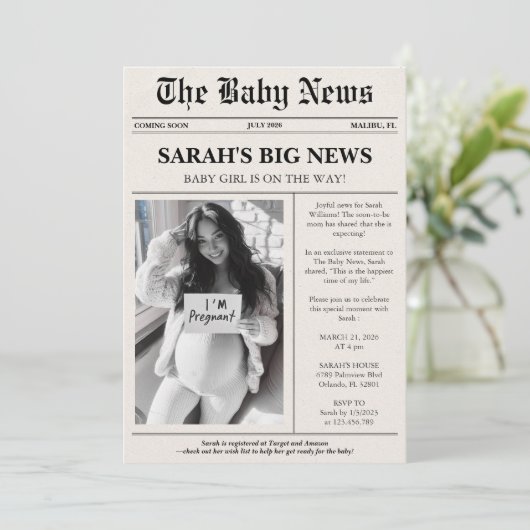 Moderne Foto Newspaper Babydusche Einladung (Stehend Vorderseite)