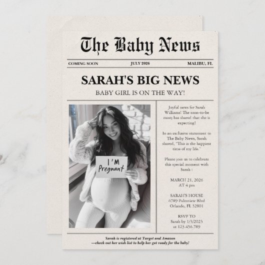 Moderne Foto Newspaper Babydusche Einladung (Vorne/Hinten)