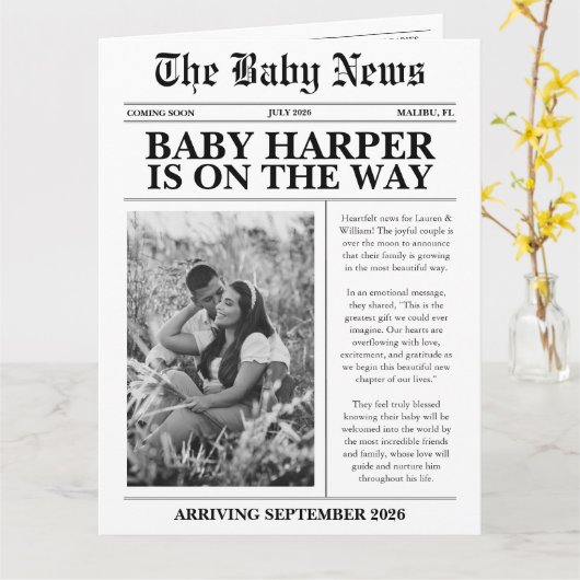 Moderne Foto Newspaper Babydusche Karte (Gelbe Blume)