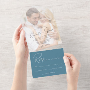 Moderne Foto-Overlay Kobaltblaue Hochzeit All In One Einladung