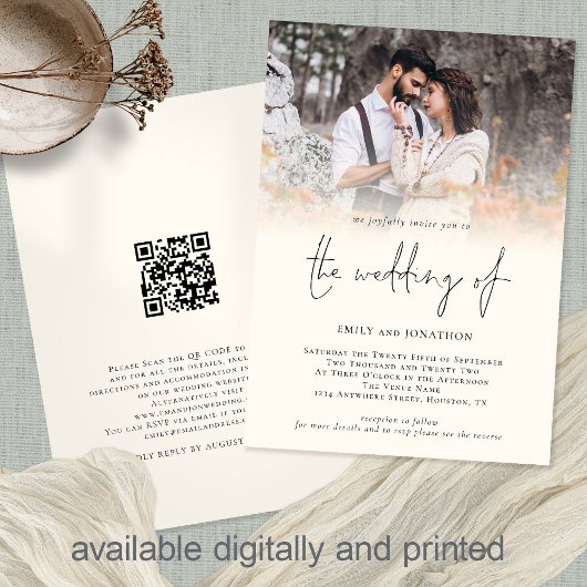 Moderne Foto QR Code Script Cream Wedding Einladung