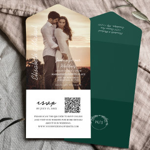Moderne Foto-QR-Code Smaragdgrüne Hochzeit All In One Einladung