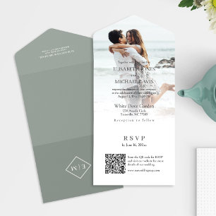 Moderne Foto QR Kodierung Grüne Hochzeit All In One Einladung