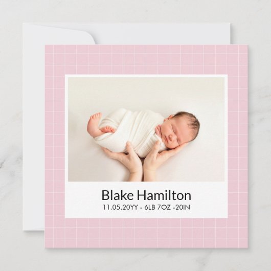 Moderne Foto-Rosa-Muster-Baby-Geburtsanzeige (Vorderseite)