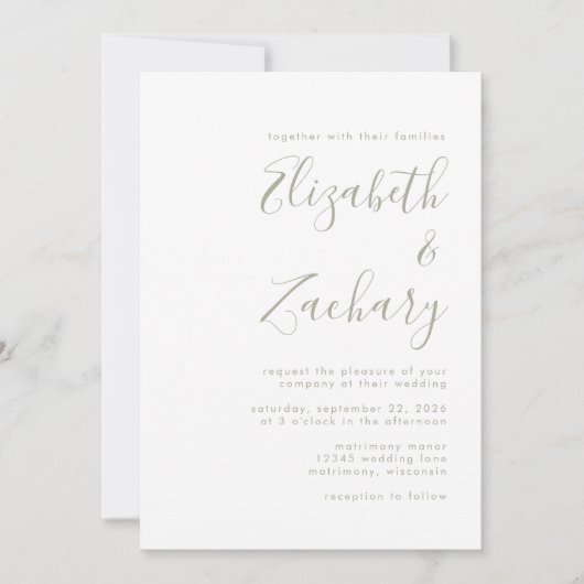 Moderne Foto Sage Green Script Hochzeit Einladung (Vorderseite)