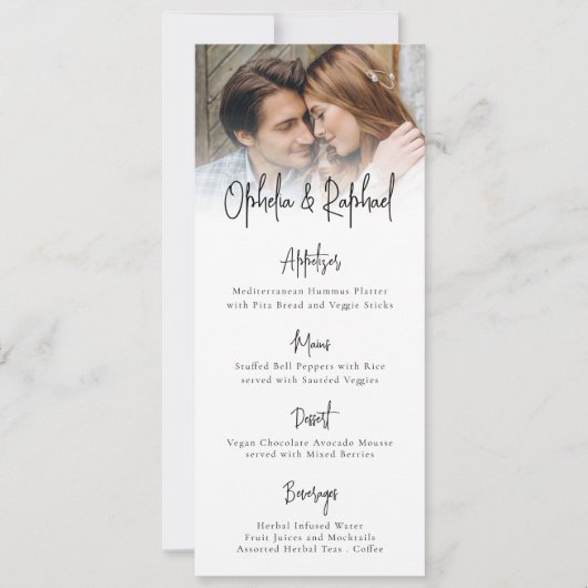 Moderne Foto Script Boho Wedding Menu Card Einladung (Vorderseite)