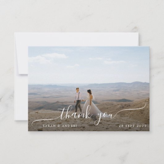 Moderne Foto Script Wedding Dankeskarte (Vorderseite)