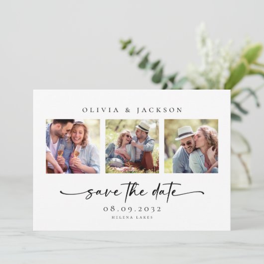 Moderne Foto Script Wedding Save The Date (Stehend Vorderseite)