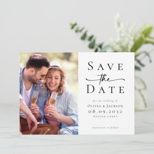 Moderne Foto Script Wedding Save The Date (Stehend Vorderseite)