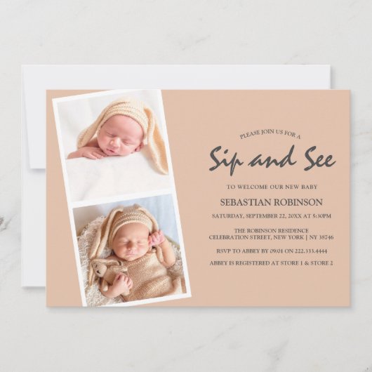 Moderne Foto Strip Collage | Sip & see | Neues Bab Einladung (Vorderseite)