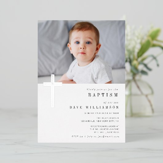 Moderne Foto-Taufveranstaltung Folieneinladung (Stehend vorne)