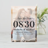 Moderne Foto Typografie Hochzeit nach Maß Save The Date (Stehend Vorderseite)