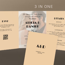 Moderne Foto uAwg details QR Creme Schwarze Hochze Dreifach Gefaltete Einladung