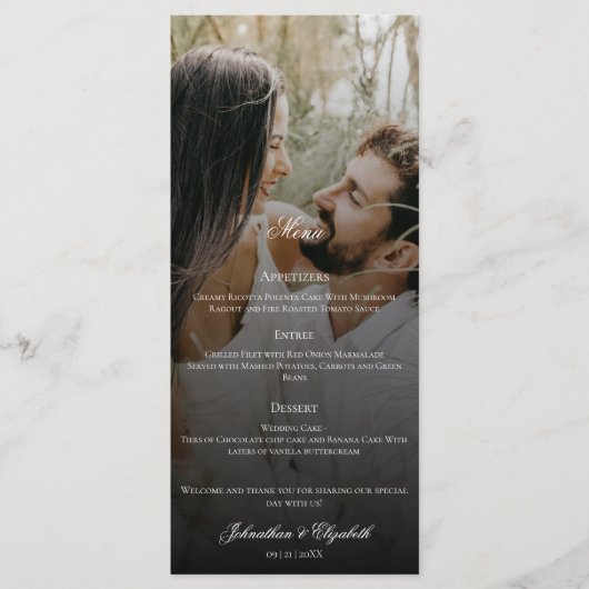 Moderne Foto- und Black Overlay-Hochzeit Menükarte (Vorderseite)