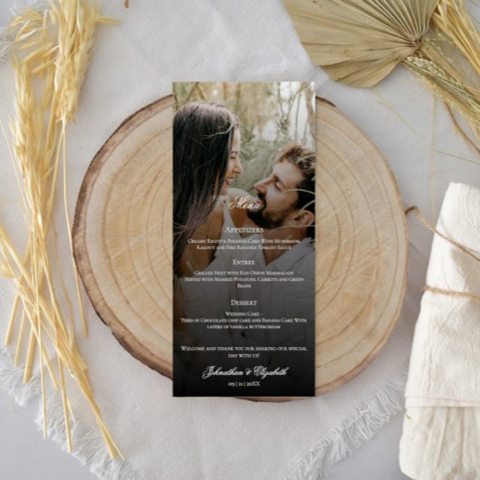 Moderne Foto- und Black Overlay-Hochzeit Menükarte