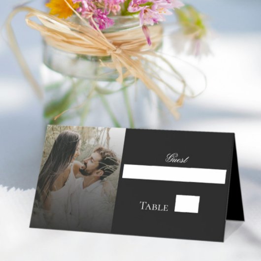 Moderne Foto- und Black Overlay-Hochzeit Platzkarte