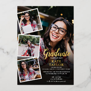 Moderne Fotocollage-Abschlussfeier Gold Folieneinladung