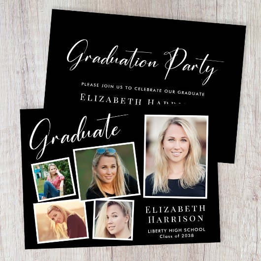 Moderne Fotocollage Black Graduation Party Einladung
