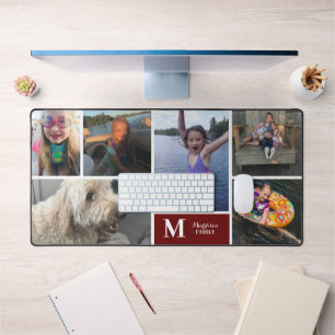 Moderne Fotocollage Familienname Monogramm Schreibtischunterlage