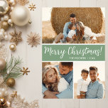 Moderne FotoCollage Feiertagskarte<br><div class="desc">Diese fantastische 3-Foto-Urlaubskarte mit "Frohe Weihnachten!" in einem modernen Skript-Schriftart und Ihrem Familiennamen und Jahr in einem sauberen,  klassischen Schriftart,  sowohl in Weiß auf Eukalyptusgrün mit einem passenden Rücken ist ideal für den Versand an Ihre Familie und Freunde. Jeder wird Liebe bekommen neue Fotos Ihrer Familie!</div>