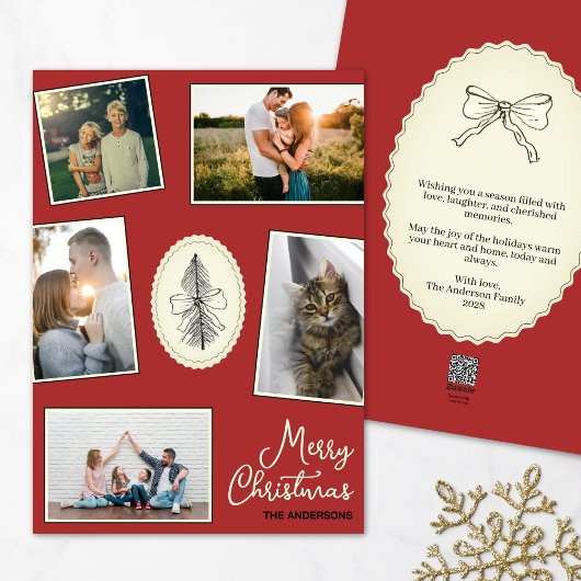 Moderne FotoCollage Handgezeichneter Baum Rot Feiertagskarte