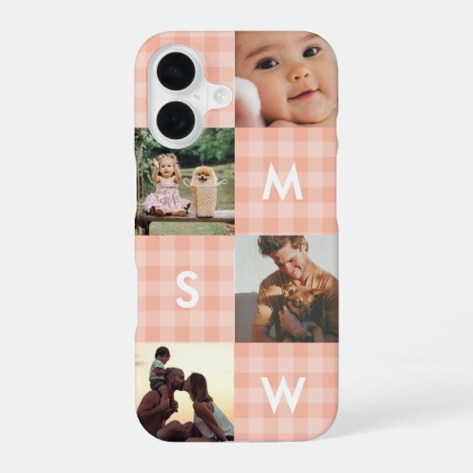 Moderne Fotocollage-Monogramm Rosa Gingham iPhone 16 Hülle (Rückseite)