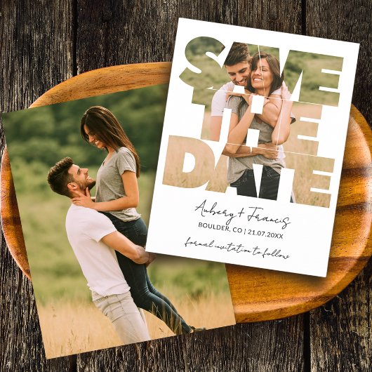 Moderne Fotocollage Save the Date Hochzeitaufentha