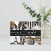 Moderne FotoCollage Save the Date Schwarz Ankündigungspostkarte (Stehend Vorderseite)