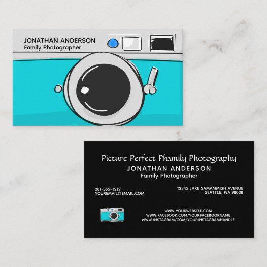 Moderne Fotografie Aquamarin Blue Camera Fotograf Visitenkarte (Vorne/Hinten)