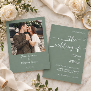 Moderne Fotografie-Script-Hochzeit in Salbeigrün Einladung