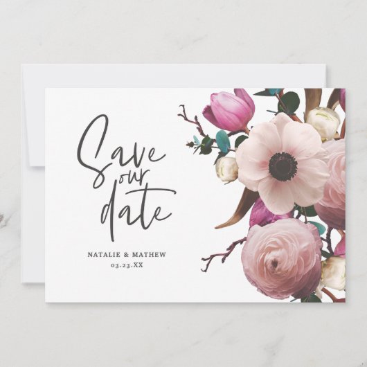 Moderne fotografische Blumenhochzeit retten das Da Save The Date (Vorderseite)