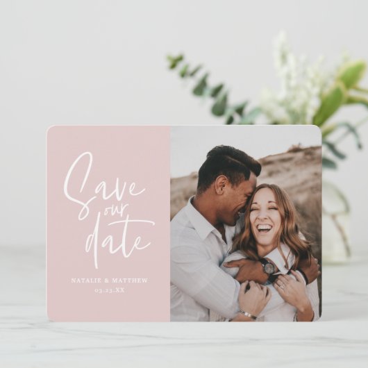 Moderne fotografische Blumenhochzeit retten das Da Save The Date (Stehend Vorderseite)