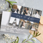 Moderne Fotomaterial Save the Date Navy Blue<br><div class="desc">Wählen Sie die besten Bilder aus Ihrem Verlobung-Shooting oder Ihre Lieblingsfotos von Ihnen beiden für dieses perfekte Save the Date. Save the Date sind die Wörter handgeschrieben, um der Karte ein persönliches Gefühl zu geben. Die Vorderseite hat 6 Bilder und die Rückseite hat ein großes Bild mit einem weißen Filter...</div>