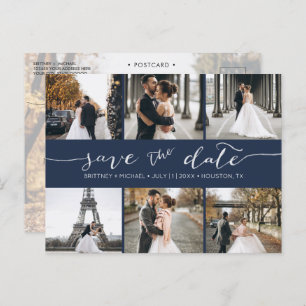 Moderne Fotomaterial Save the Date Navy Blue Ankündigungspostkarte