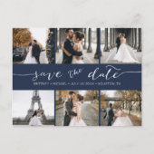 Moderne Fotomaterial Save the Date Navy Blue Ankündigungspostkarte (Vorderseite)