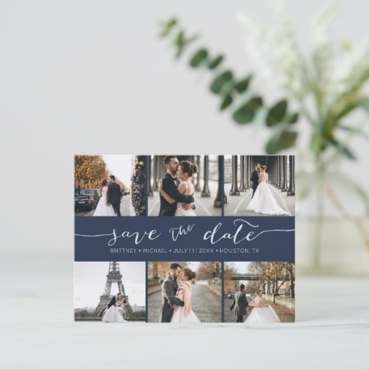 Moderne Fotomaterial Save the Date Navy Blue Ankündigungspostkarte (Stehend Vorderseite)