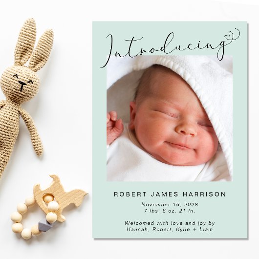 Moderne Fotos Mint Baby Birth Ankündigung