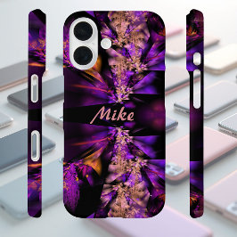 Moderne Fraktale in Schwarz und Lila, personalisie iPhone 16 Hülle