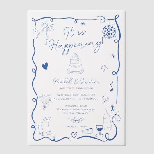 Moderne Französisch Blue Quirky Scribble Retro Wed Pergament Einladungen (Vorderseite)