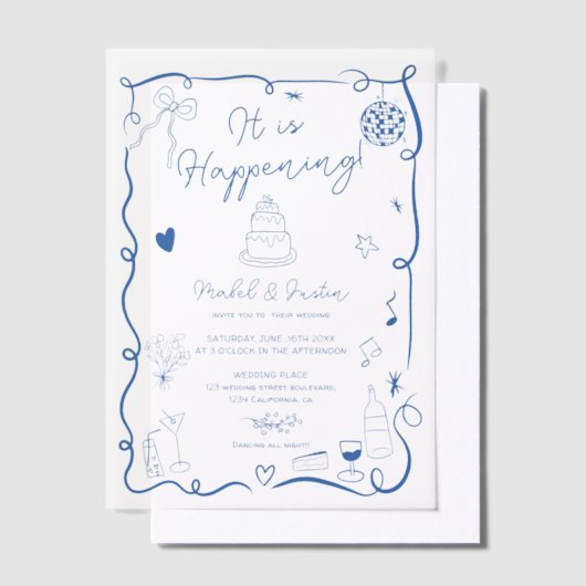 Moderne Französisch Blue Quirky Scribble Retro Wed Pergament Einladungen (Versetzt)