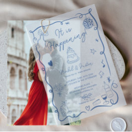 Moderne Französisch Blue Quirky Scribble Retro Wed Pergament Einladungen