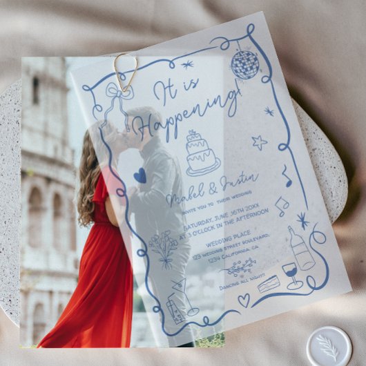 Moderne Französisch Blue Quirky Scribble Retro Wed Pergament Einladungen