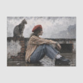 Moderne Frau mit Barett und Decoupage Katze Seidenpapier (Vorderseite)