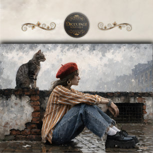 Moderne Frau mit Barett und Decoupage Katze Seidenpapier