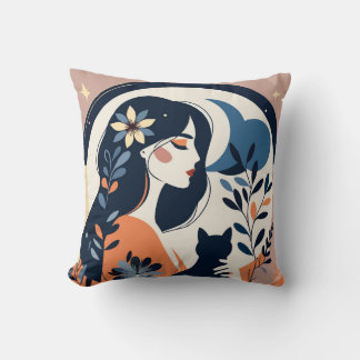 Moderne Frau und Katze Wurfkissen Boho-Blumenkuns Kissen