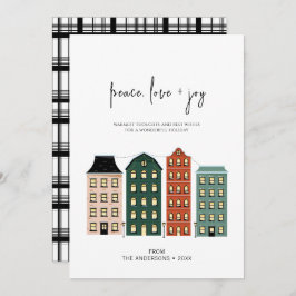 Moderne Friedens-Liebe und Weihnachtsstadt Feiertagskarte