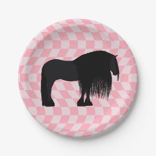 Moderne Friesian Horse Illustration Pink Karos Pappteller (Vorderseite)