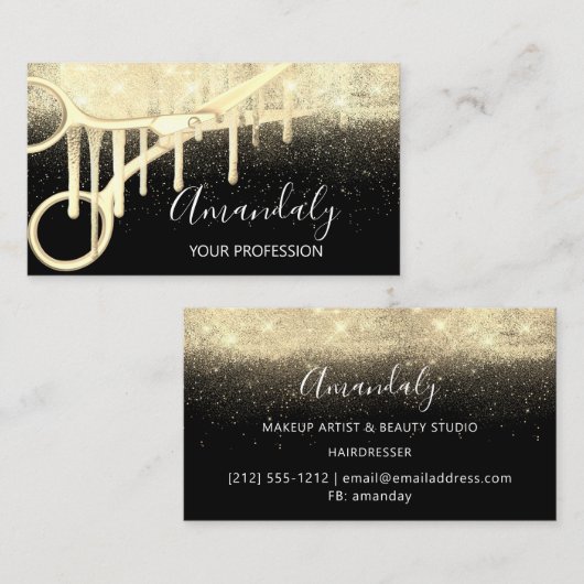 Moderne Friseur Coiffeur Schere Schwarz Gold Visitenkarte (Vorne/Hinten)