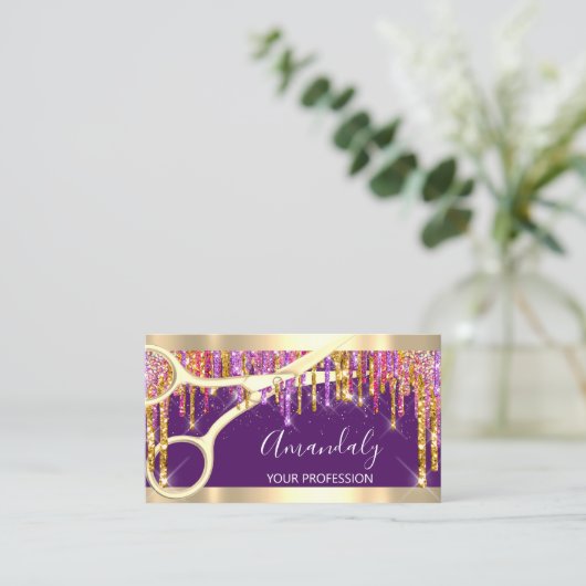 Moderne Friseurschere Lila Tropfen Glitzer Visitenkarte (Stehend Vorderseite)
